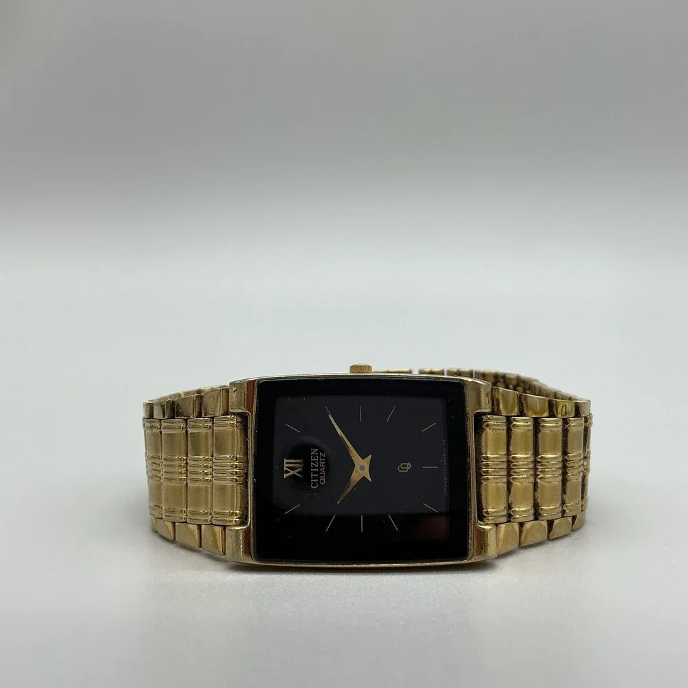 Vintage Citizen Mens Watch 25mm Black Dial Gold Tone 1022-H14231 New Battery 8